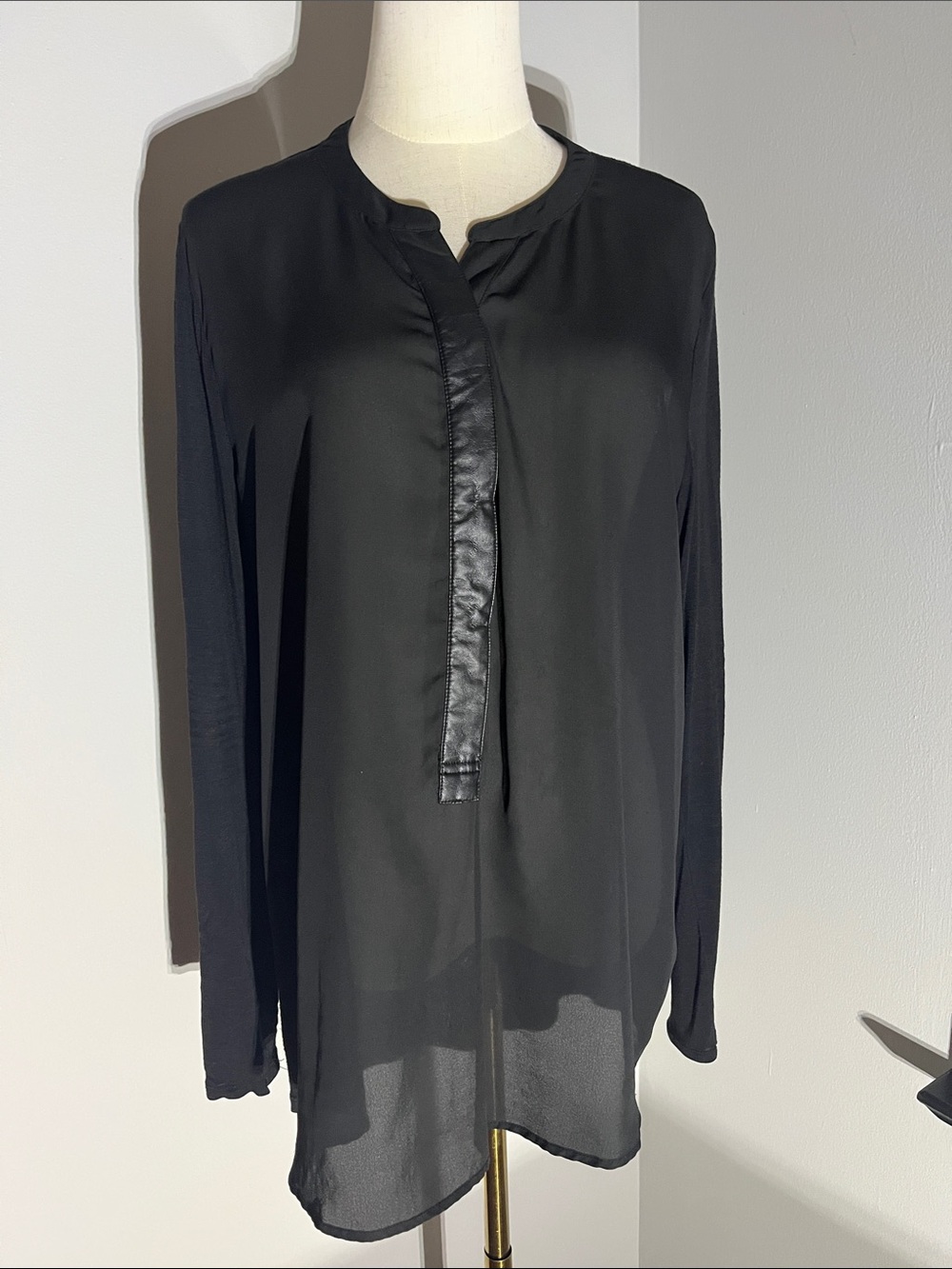 Sunday in Brooklyn Black Long-Sleeve Split-Neck Blouse with Leather-Look Trim